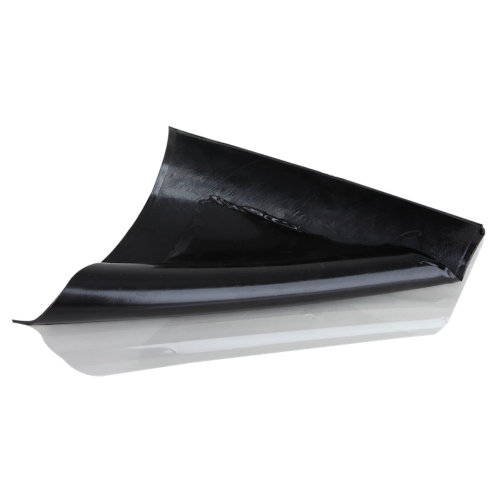 A shiny, black rectangular piece of flashing, slightly curled up at the edges. 