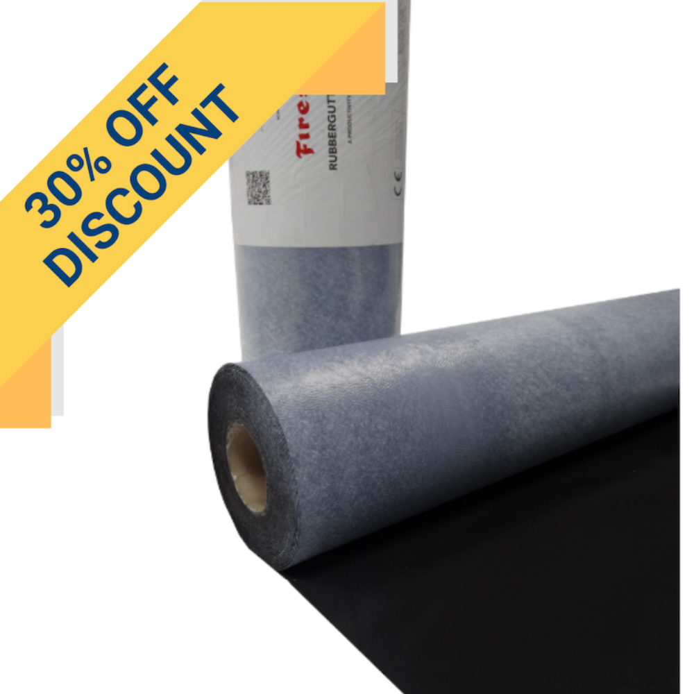 A partically unfurled roll of the membrane on the ground, with another roll standing vertically behind it, and a yellow 30% discount banner diagonally upper left.
