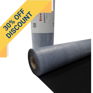A partically unfurled roll of the membrane on the ground, with another roll standing vertically behind it, and a yellow 30% discount banner diagonally upper left.