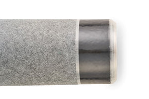 A close-up of a roll of TRC Fleece Backed EPDM, showing the grey fleece texture and the shiny black pre-taped edge.