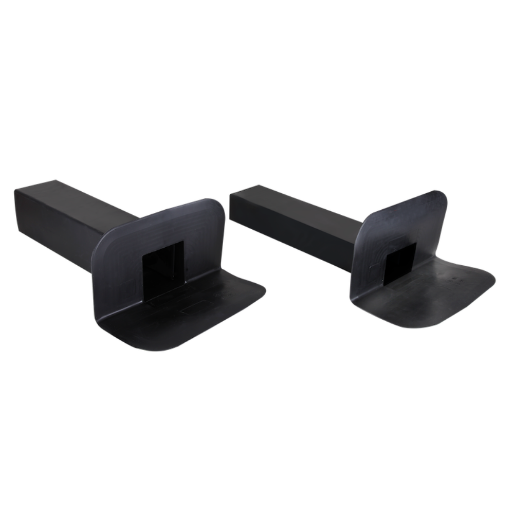 A black, hard plastic rectangular prism opening to a folded larger flat piece of plastic with a hole at the centre.