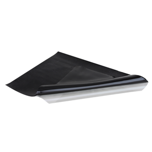 A shiny, black rectangular piece of flashing, slightly curled up at the edges. 