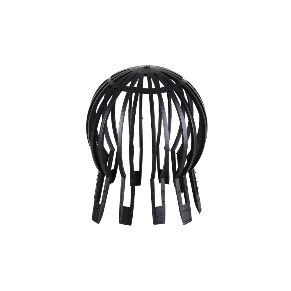 A black, hard plastic openweave ball with 10 flexible 'legs' that fit into the Rainwater Ootlet, be it 60, 80 or 100mm diameter.