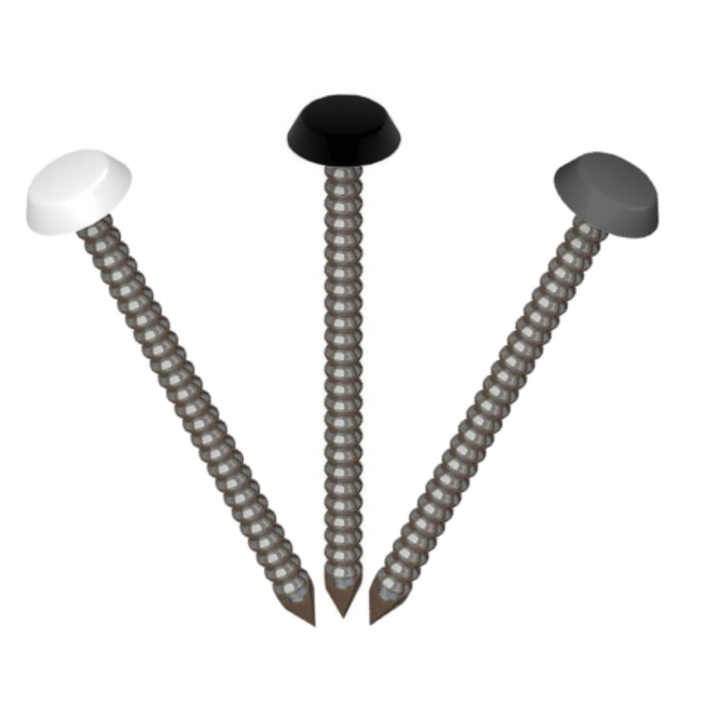 3 polynails: the central, vertical one has a black cap; diagonal to this on the left, a white-capped nail, and on the right the anthracite.
