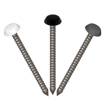 3 polynails: the central, vertical one has a black cap; diagonal to this on the left, a white-capped nail, and on the right the anthracite.