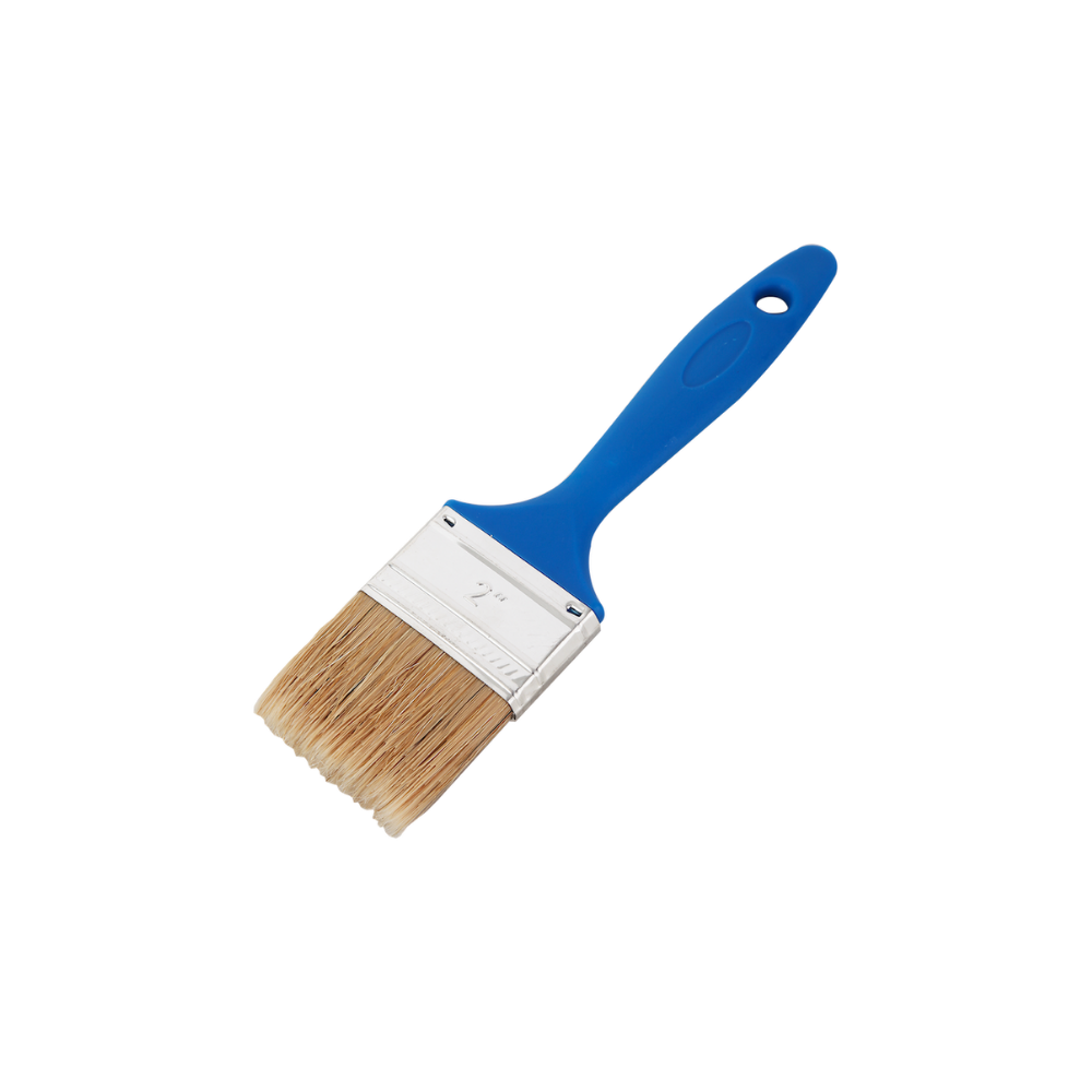 A bright blue-handled 2" paintbrush wich light brown bristles.