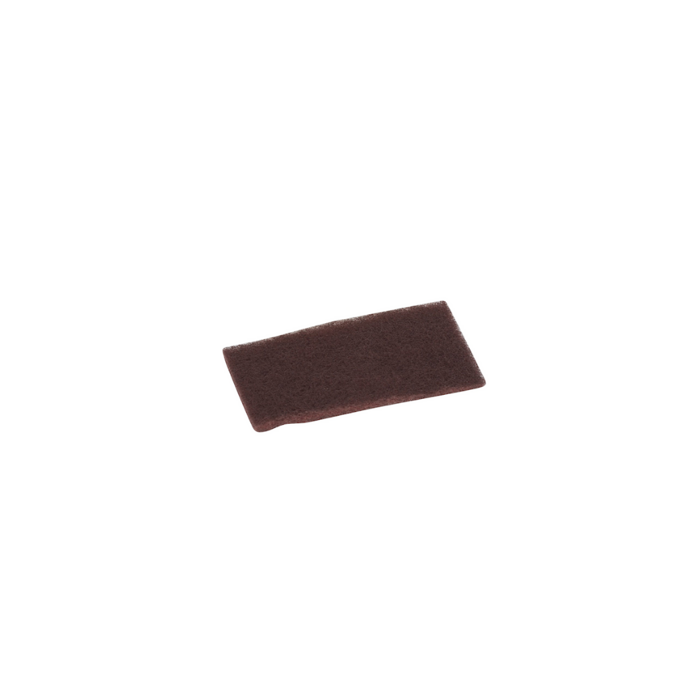 A rectanglular piece of rough-textured brown material that is a scrubber pad.