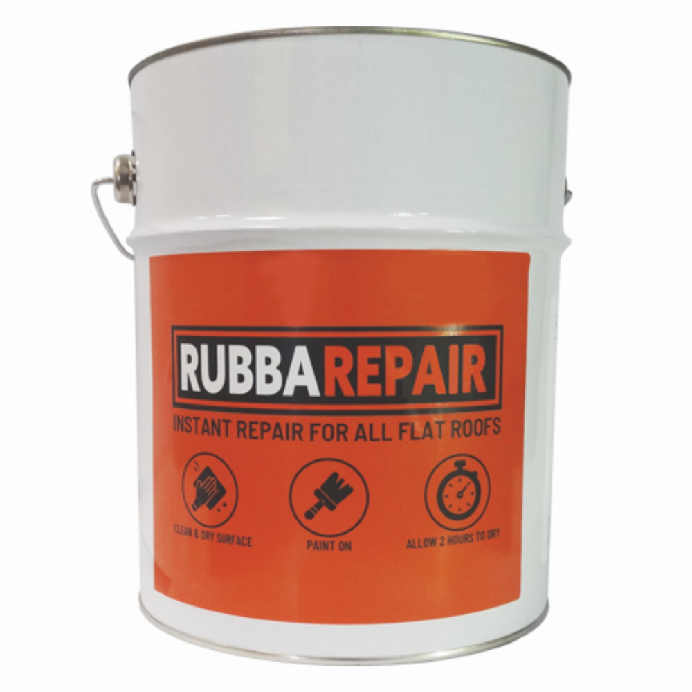 A white drum of RubbaRepair liquid, with an orange label featuring brief application instructions.