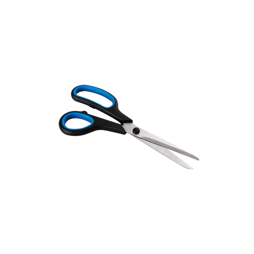 A pair of black-and-blue-handled scissors, cutting blade open in a v shape.