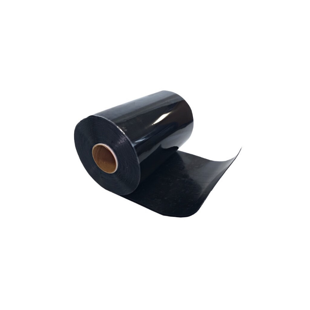 A roll of shiny, black 5" Flashing Tape, standing up, with a small piece unfurled.