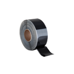 A roll of shiny, black 3" Seam Tape, standing up, with a small piece unfurled.
