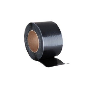 A roll of shiny, black 5" Flashing Tape, standing up, with a small piece unfurled.