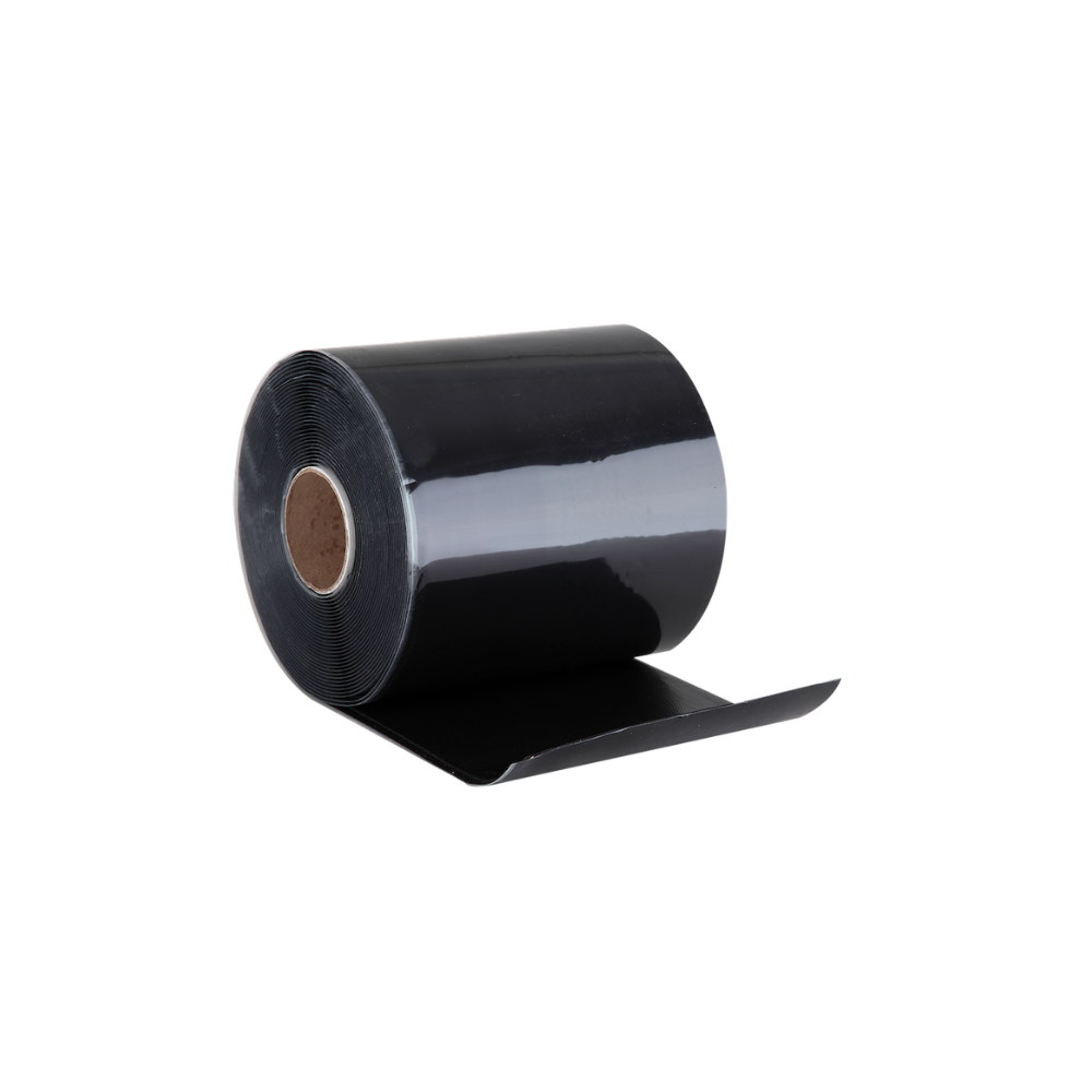 A roll of shiny, black 5" Flashing Tape, standing up, with a small piece unfurled.