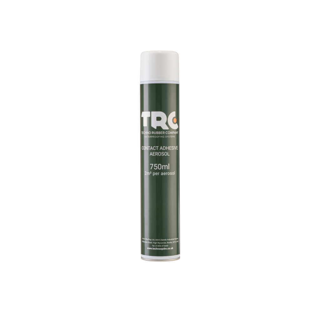 A tall cyclinder of spray adhesive, with a green label showing the TRC logo, the can contents, and its coverage. Can has a white cap.