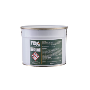 A 2.5 litre white drum of paint-on contact adhesive,  with a green label showing the TRC logo, the can contents, instructions for use, and its coverage.