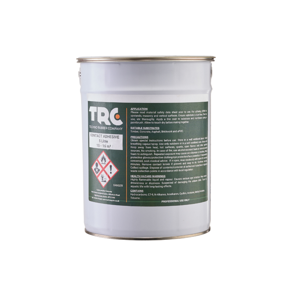 A 5 litre white drum of paint-on contact adhesive,  with a green label showing the TRC logo, the can contents, instructions for use, and its coverage.