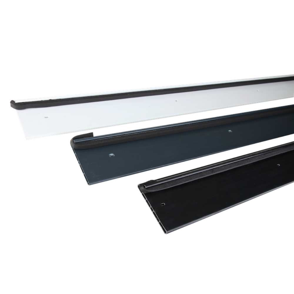 Three lengths of RubbaTrim Edge appearing almost horizontally: white at the top, then anthracite, then black.