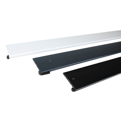 Three lengths of RubbaTrim Edge appearing almost horizontally: white at the top, then anthracite, then black.