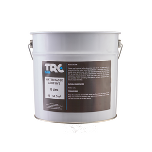 A 15 Litre tin of TRC Fleece Backed Water Based Adhesive, along with application guidance and usage precautions. 
