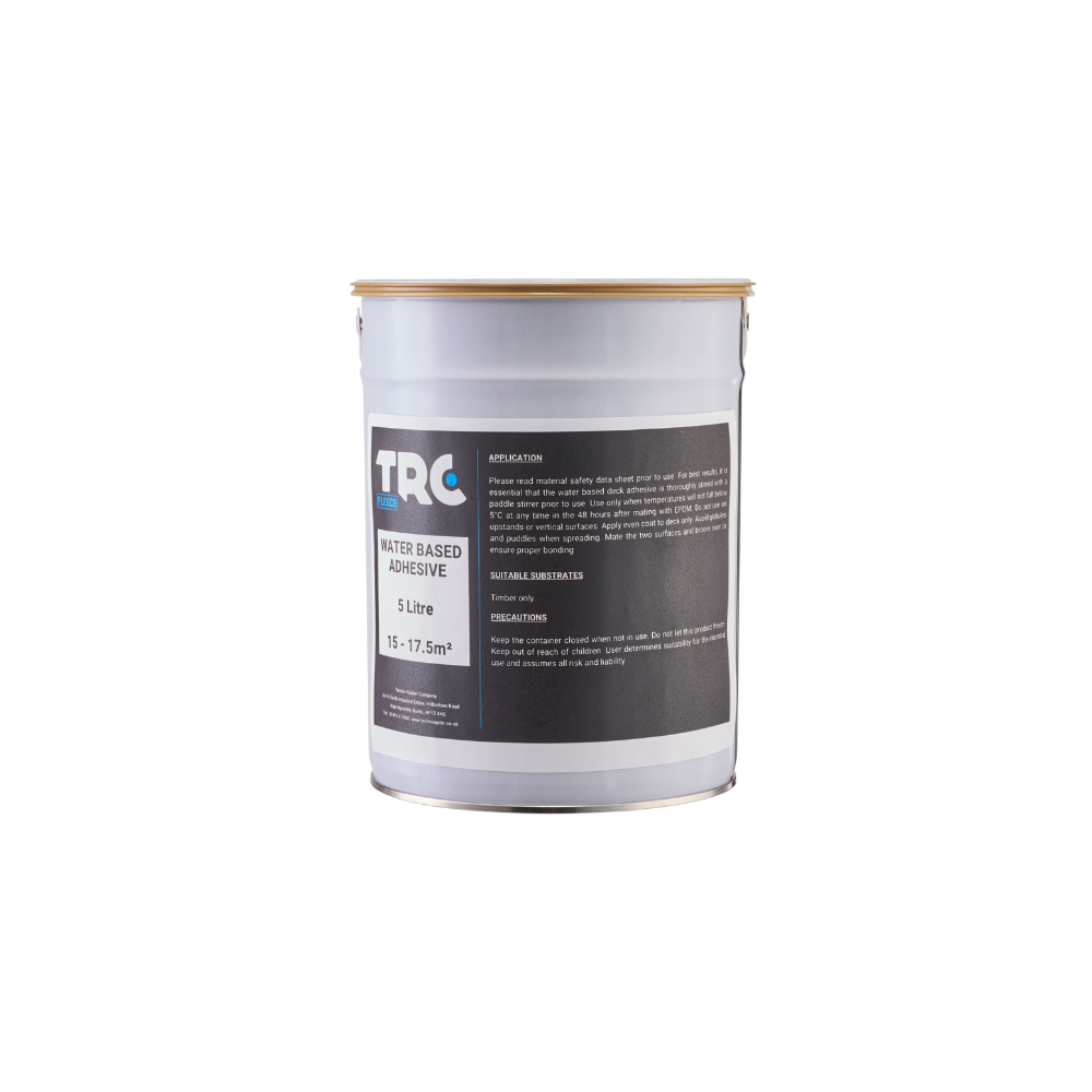 A  5 Litre tin of TRC Fleece Backed Water Based Adhesive, along with application guidance and usage precautions. 
