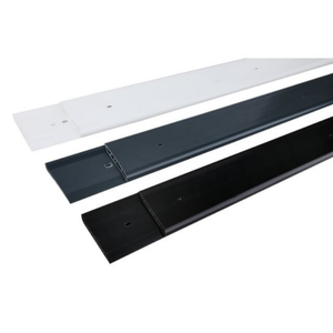 Three, two piece roof edge gutter trims lying diagonally, topmost the white, then the anthracite grey, then the black. 