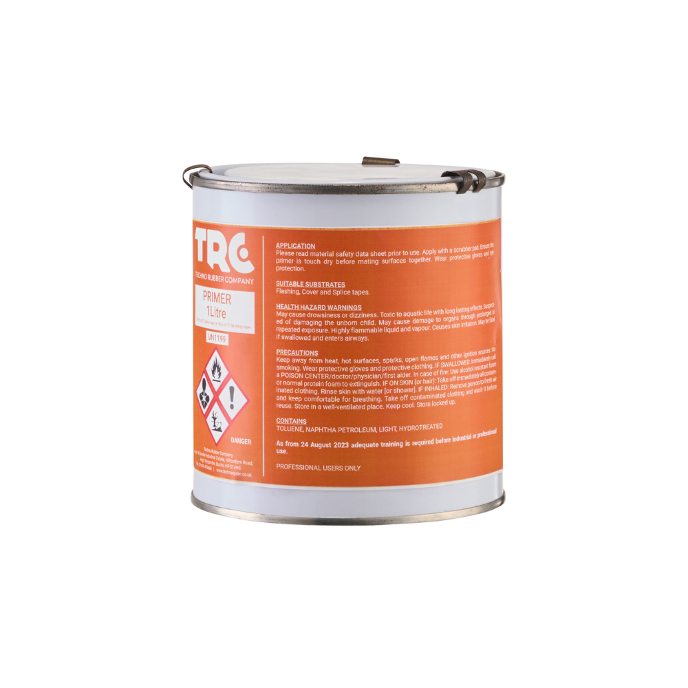 A 1-litre can of TRC primer, with an orange label bearing usage instructions and cautions.