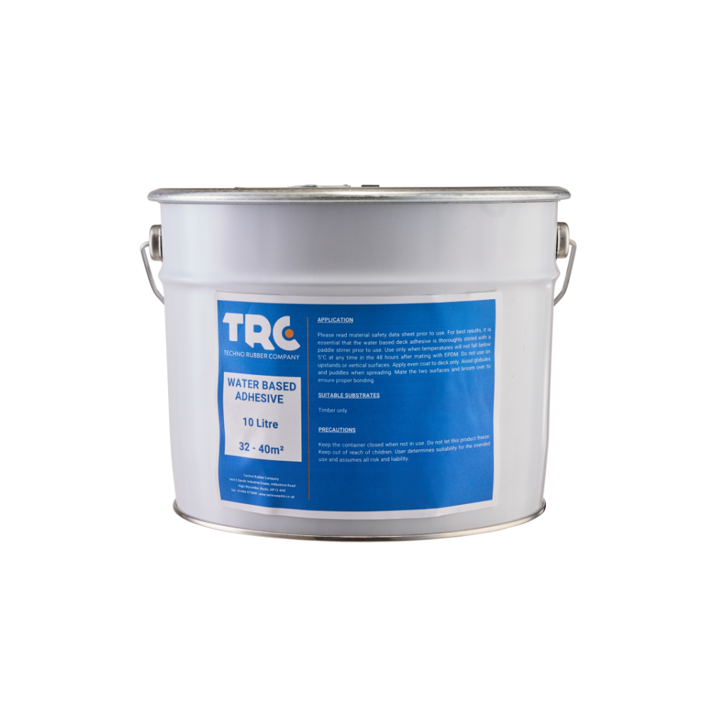 A 10 litre white drum of paint-on water-based adhesive,  with a bright blue label showing the TRC logo, the can contents, instructions for use, and its coverage.