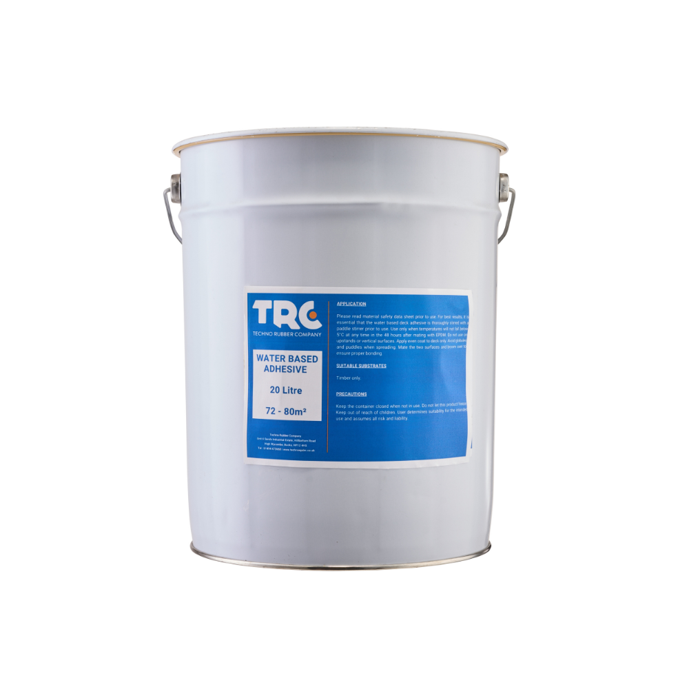A 20 litre white drum of paint-on water-based adhesive,  with a bright blue label showing the TRC logo, the can contents, instructions for use, and its coverage.