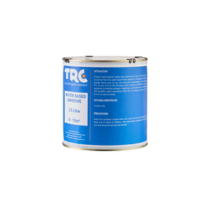 A 2.5 litre white drum of paint-on water-based adhesive,  with a bright blue label showing the TRC logo, the can contents, instructions for use, and its coverage.