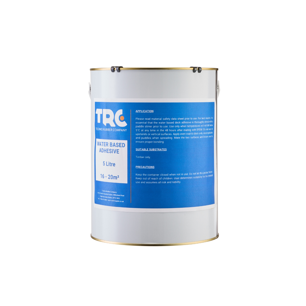 A 5 litre white drum of paint-on water-based adhesive,  with a bright blue label showing the TRC logo, the can contents, instructions for use, and its coverage.