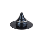 A shiny, black conical pipe seal, shaped like a witch's hat, with a wide base, and a jubilee clip around the lower perimeter of the cone.