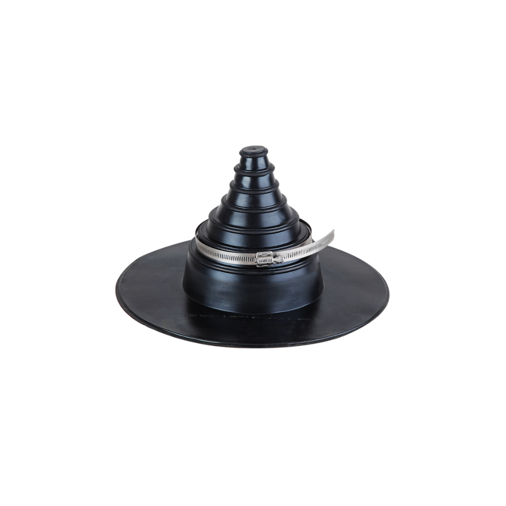 A shiny, black conical pipe seal, shaped like a witch's hat, with a wide base, and a jubilee clip around the lower perimeter of the cone.